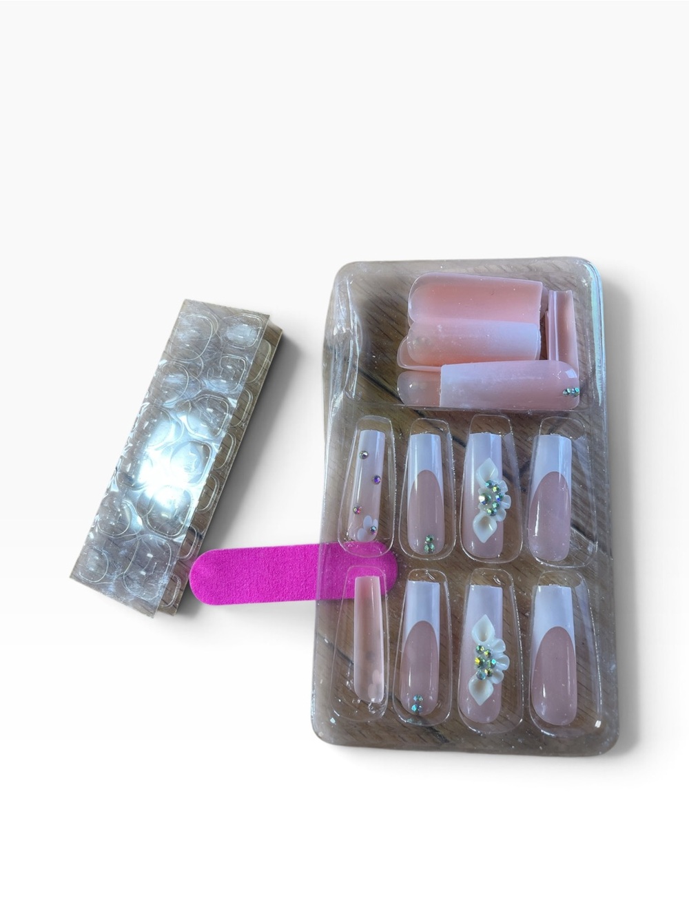 Press-On French Tip Nail Set with Rhinestone Accents - Pink